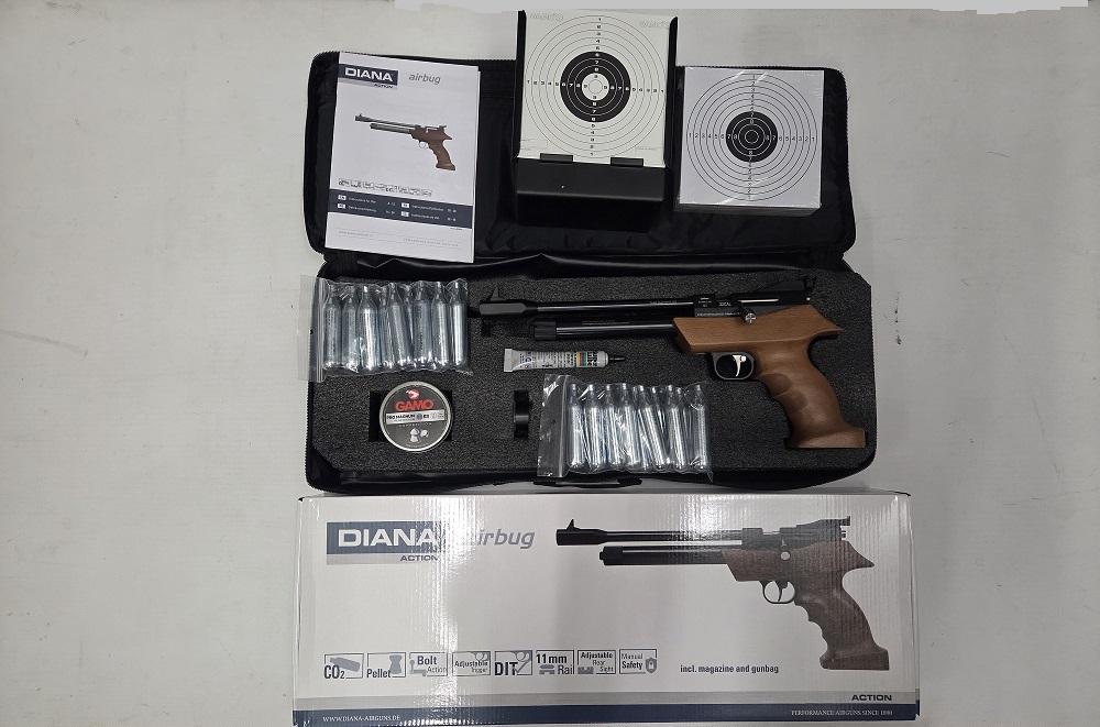 Diana Co2 Pistool Airbug 5,5mm / 9 Joule / 7 Schots Magazijn KIT ; pistool + 20x Co2 + 250 pellets 5,5mm + Superlube vet + Kogelvanger heavy 14cm x 14cm + 100x Schietkaart-4013-a